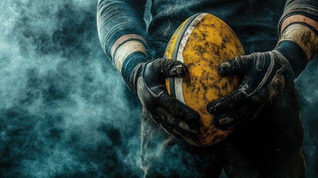 Rugby player holding ball, smoky background, action shot, sport poster