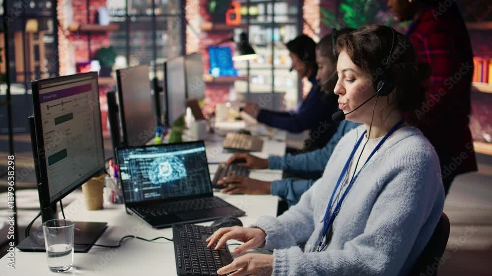 Poster call center worker using artificial intelligence customer service management software. customer serv