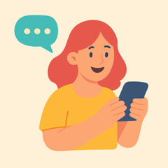 Flat vector of happy girl using smartphone with message bubble, symbolizing online chat and communication.