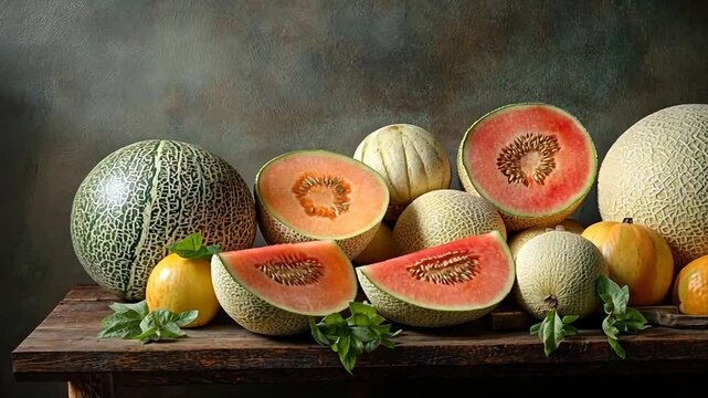 A still life arrangement of various ripe cantaloupes and melon slices on a rustic wooden surface.