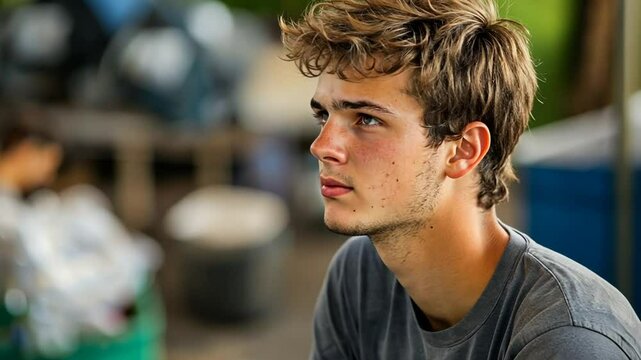 A young man with curly hair and a thoughtful expression, sitting in a recycling center.