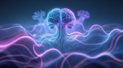 A vibrant, ethereal depiction of the human brain, its neural pathways illuminated, set against a backdrop of flowing energy.