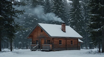 A cozy wooden cabin covered in snow, surrounded by pine trees. Smoke rises from the chimney, and the shot emphasizes a warm, inviting feeling amidst cold surroundings.