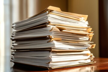 A stack of intricately organized legal documents and folders on an elegant mahogany desk under soft, ambient lighting highlighting the paperas textures, offering a sense of harmony and meticulous 
