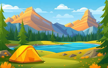 A comfortable tent set in a quiet forest, surrounded by trees and nature, perfect for camping adventures, tent camping.	