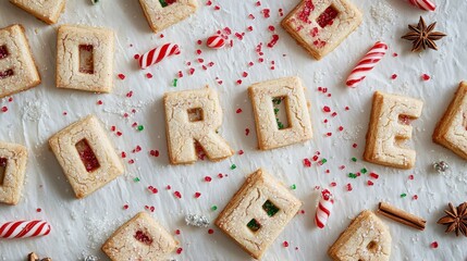 Rustic shortbread alphabet cookies styled with red and green sugar crystals, photographed flat lay on white parchment paper, letters show subtle cracks and golden edges, decorated with tiny candy