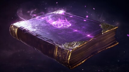 Ancient leather-bound spellbook with golden corner clasps, floating open to reveal glowing runic pages, geometric magical circles rising from pages, weathered texture, soft purple magical glow, clean