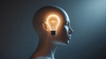 Illuminated mind: A glowing lightbulb inside a head, symbolizing brilliant ideas and innovative thinking.