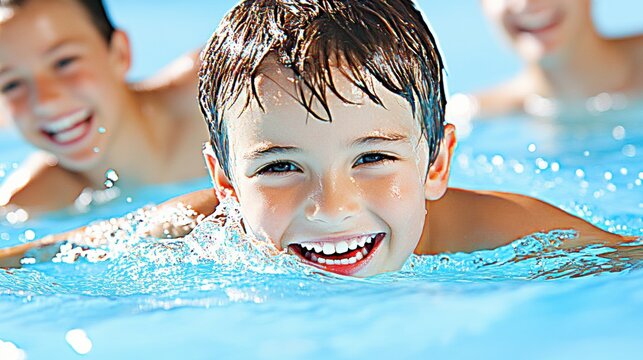 Happy Boy Swimming in a Blue Pool on a Sunny Day