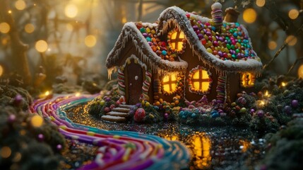 Fototapeta premium Whimsical fairy tale gingerbread house scene, asymmetrical cottage with swirling lollipop garden, multicolored gummy drop pathway, spun sugar icicles hanging from roof edges, metallic dragee