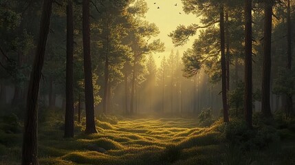 Fototapeta premium Enchanting forest landscape with golden sunlight filtering through the trees