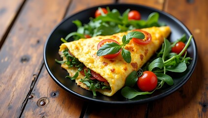 Breakfast Omelette with Fresh Greens and Cherry Tomatoes, Black Plate on Rustic Wooden Table, Top View, Copy Space
