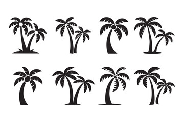 Set of palm tree silhouette vector icon art illustration on white background