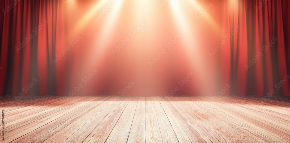 Poster a stage with red curtains and spotlight beams, creating a dramatic atmosphere, ready for a performan