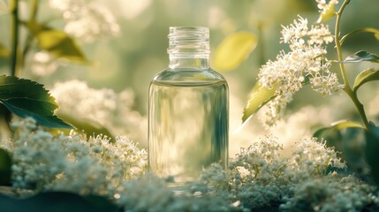 Essential Oil Bottle Amidst Blooming Flowers