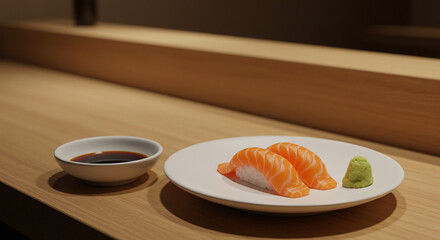 a quiet sushi bar, where a plate of perfectly sliced ​​salmon sashimi sits alongside a small dish of soy sauce and wasabi.
