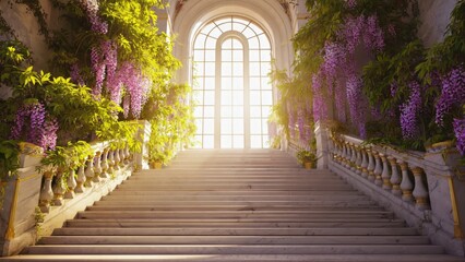 Fototapeta premium Grand Marble Staircase with Wisteria Leading to Arch Window Light - Made with Generative AI