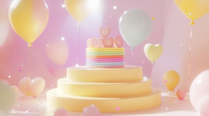 Three-tiered circular podium in matte finish baby yellow ascending sizes, decorated with 3D alphabet blocks and stacked rainbow rings, background features floating pastel balloons and confetti in