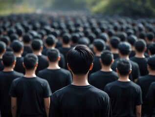 Abstract image of a uniformed group of people facing forward in perfect alignment, symbolizing themes of collectivism, discipline, anonymity, or mass movements in modern society.


