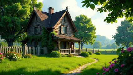 Obraz premium A charming rustic wood house nestled in a vibrant green landscape, surrounded by lush gardens and a picturesque stone pathway leading to its inviting porch