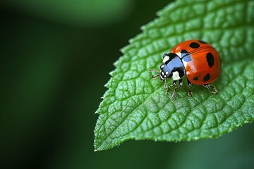 Fototapeta premium A close up photograph of a red ladybug on a green leaf