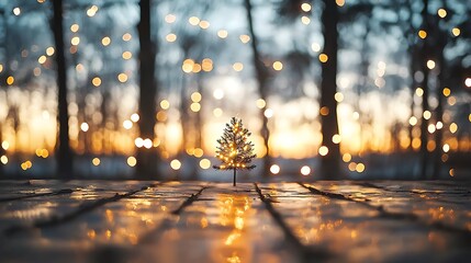Enchanting sunset view of a tiny christmas tree in a forest with bokeh lights