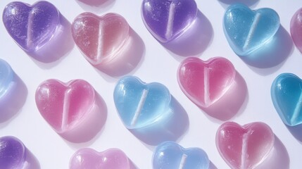 Obraz premium Heart-shaped lollipops in pastel pink, purple, and blue arranged in geometric grid pattern, high-gloss surface showing specular highlights, subtle translucency visible at edges, photographed directly