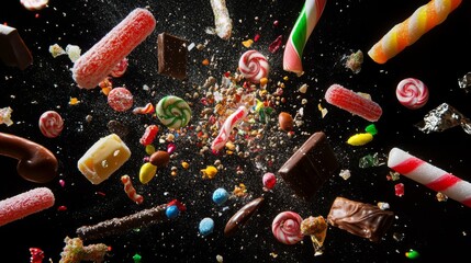 Dynamic explosion effect of mixed candies frozen in mid-air, featuring twisted licorice, lollipops, candy canes, and foil-wrapped chocolates, some candies slightly blurred suggesting motion, others