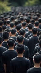 A large crowd of people dressed in identical black clothing standing in formation, seen from behind. A conceptual image representing conformity, unity, or anonymity in society.
