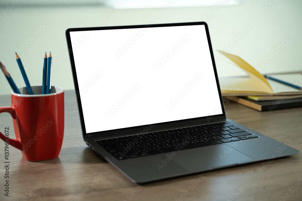 Poster laptop with blank screen on table. workspace background new project on laptop computer with blank co