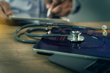 stethoscope analysis on a digital health chart digital health chart AI-powered software to analyze patient data