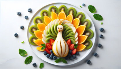 Colorful Peacock Carved from Fruits and Vegetables