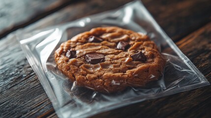 Fototapeta premium Macro shot of artisanal chocolate chip cookie in sealed clear plastic packaging, textural details of chocolate chunks and crackled surface visible through wrapping, minimalist composition with copy