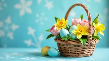 Obraz premium Wicker basket overflowing with pastel-colored eggs and vibrant spring flowers, a delightful springtime arrangement