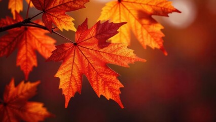 Fototapeta premium Autumnal foliage showcasing vibrant, sunlit maple leaves with intricate vein patterns and rich fall colors