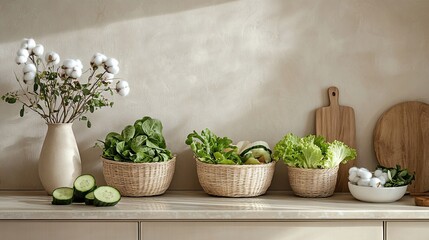 Modern minimalist kitchen scene bathed in warm beige tones, marble countertop featuring artfully scattered salad ingredients in woven baskets, including mixed lettuce, raw nuts, microgreens, and