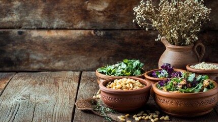Rustic Mediterranean style setting in warm neutral tones, distressed wooden table showcasing fresh salad components in handcrafted pottery bowls, including mixed greens, pine nuts, pearl couscous,