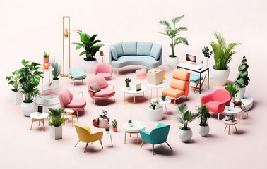 vibrant collection of stylish furniture and verdant plants come together. A diverse selection of designer furnishings and plants arranged.