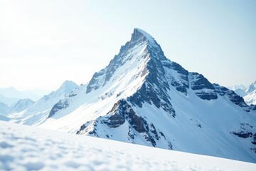 Fototapeta premium Snow-covered mountain peak against bright white sky, snow, snow photography, serene