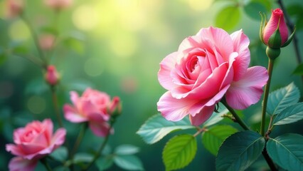 A Delicate Pink Rose in Full Bloom, Surrounded by Lush Green Foliage and Other Roses in Various Stages of Growth