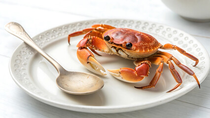 Delicious Steamed Crab on a White Plate with Spoon