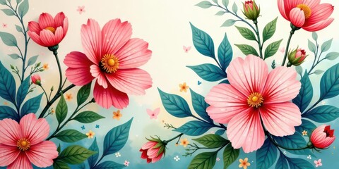 Vibrant Pink Cosmos Flowers with Lush Green Foliage and Delicate Pastel Accents