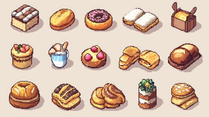 8bit bakery sprites, pixel perfect bread designs, retro gaming style, simple color blocks, clean pixel outlines, organized grid layout, classic game art aesthetic, individual food items, digital