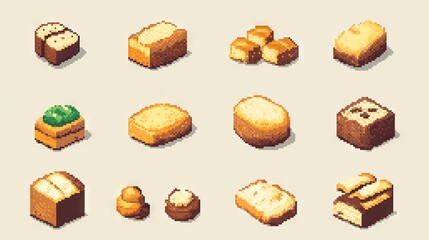 minimalist pixel bread set, retro gaming aesthetic, clean geometric shapes, limited color blocks, precise pixel edges, organized sprite collection, classic digital art style, isolated food items,