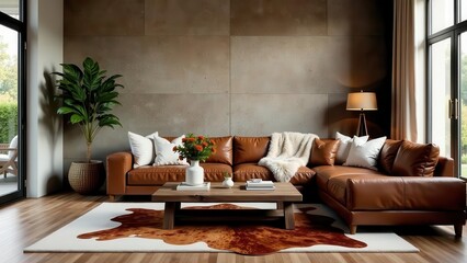 Modern Living Room Interior Design Featuring a Luxurious Leather Sectional Sofa and a Stylish Cowhide Rug