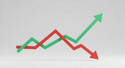 Obraz premium Green and red 3D graph arrow curves moving in opposite directions.