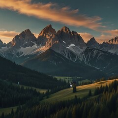 Obraz premium Majestic mountains and a serene valley create a beautiful scene.
