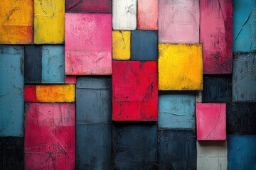 Squares of various colors & sizes randomly stacked together, textured