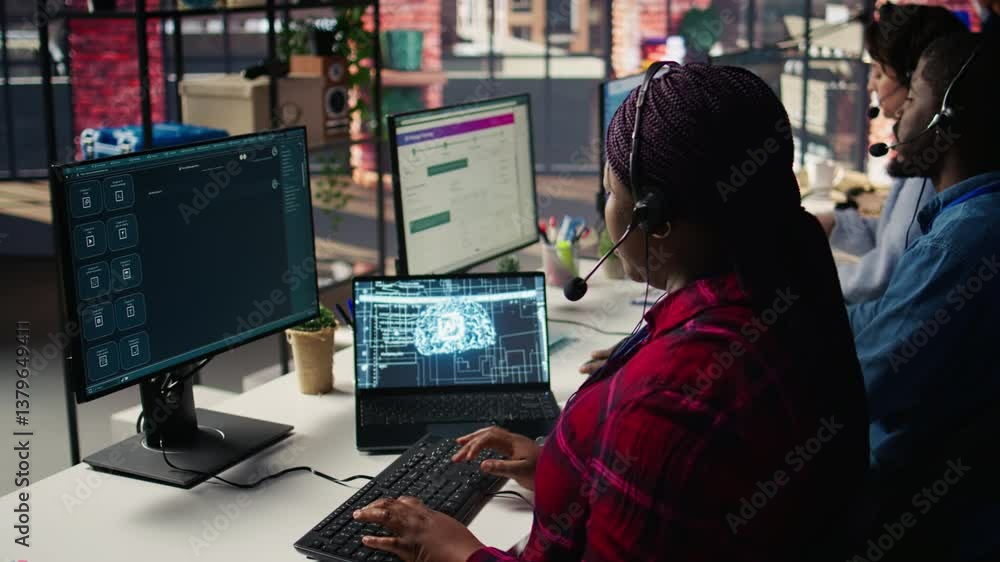 Poster call center employee using ai chatbot at office desk to reply to common customer queries, close up. 