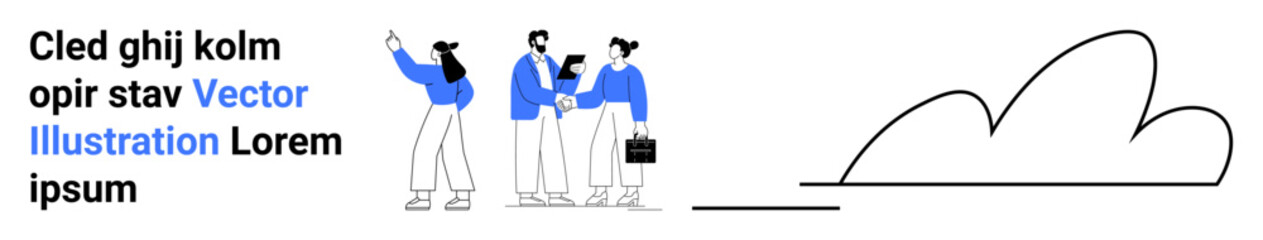 Three colleagues sharing ideas in a casual discussion beside a minimal cloud outline design. Ideal for teamwork, collaboration, brainstorming, communication, creativity, technology, simple landing